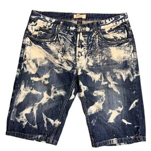 Decibel Mens Bleach Splash Denim Shorts Blue White Streetwear Relaxed Fit 38